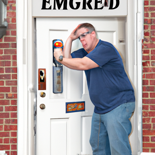 1. בעל בית במצוקה עומד מול דלת נעולה, המסמל את הצורך במנעולן חירום.