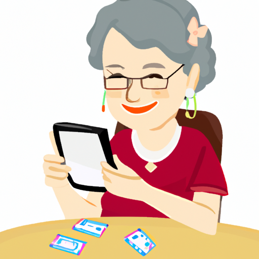 אישה מבוגרת משחקת בשמחה במשחק כרטיסי זיכרון בטאבלט שלה.